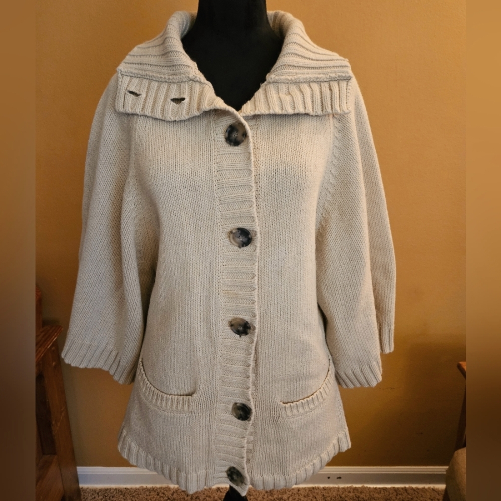 Theory Light Beige Cardigan with Ribbed Knit and Collar